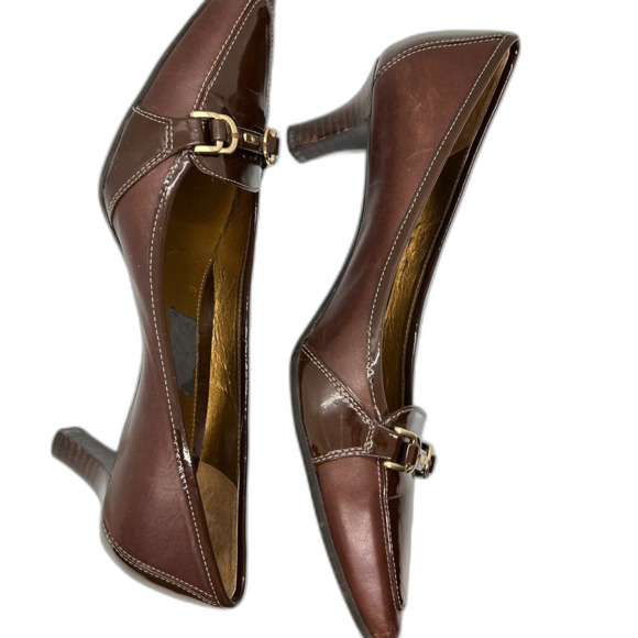 Joan & David Presley Brown Leather Patent Leather Horse-Bit Heeled Loafer 9M - Picture 11 of 15